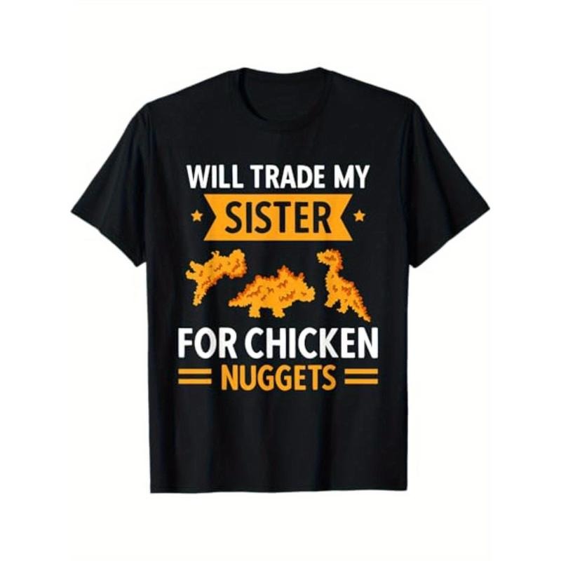 Unisex Cotton T-Shirt with Chicken Nugget Graphic, Geometric Pattern, Round Neck, Stretch Fabric, Regular Fit, Ideal for Sports & Casual Wear, Perfect Gift for Family Made in USA