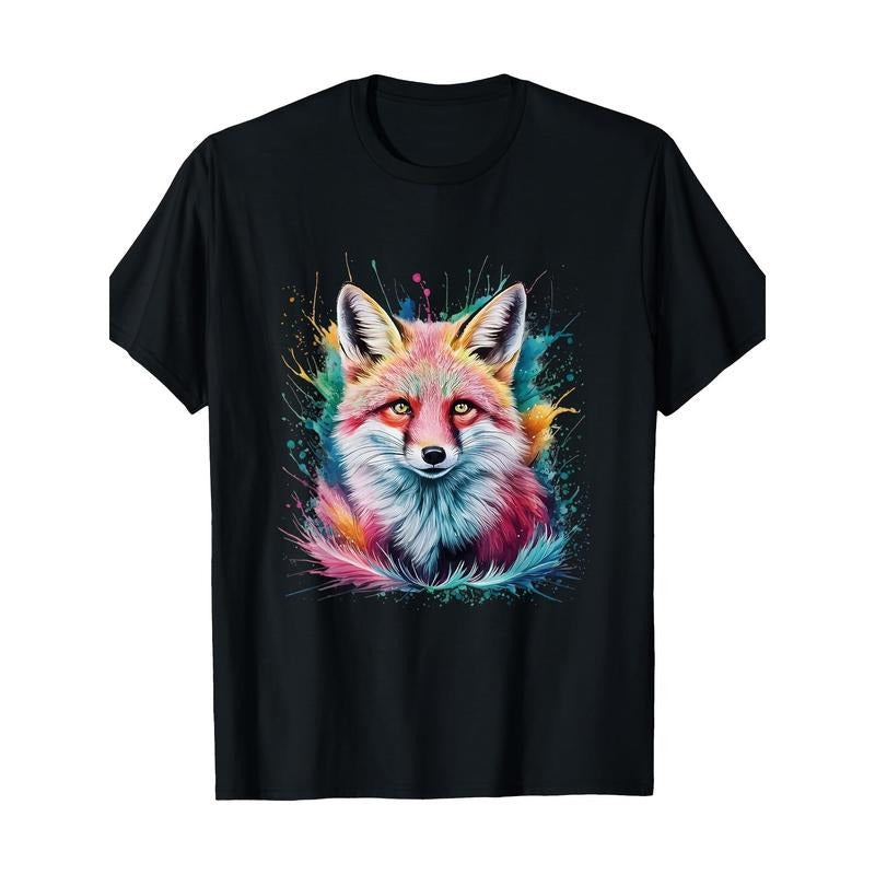 Unisex Cotton T-Shirt with Colorful Watercolor Fox Print, Casual Round Neck Short Sleeve Tee for All Seasons, Digital Heat Transfer Design, Regular Fit Made in USA