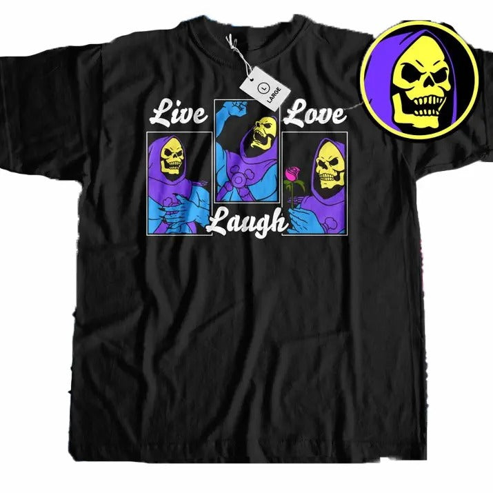 Unisex Live Love Laugh With Skeletor T-Shirt - Vintage Cartoon Apparel, Unique Anime Graphic Tee, Retro Skeletor Shirt, Animated Character