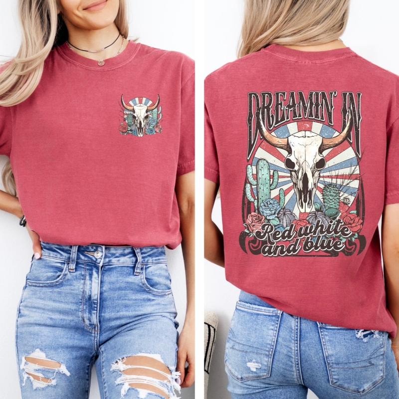 Unisex comfort colors July 4th dreaming in red white and blue short sleeve cotton casual graphic Tshirt