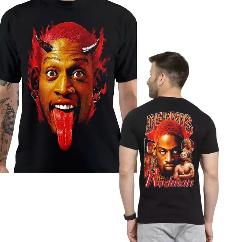 VINTAGE TEE DENNIS RODMAN Unisex Tshirt ,Double Sided Prints Vintage T-Shirt, Trendy, Cotton Casual Crew Neck Black Menswear Tshirt Crewneck, T-Shirt For Unisex , Gift For Men Top Underwear