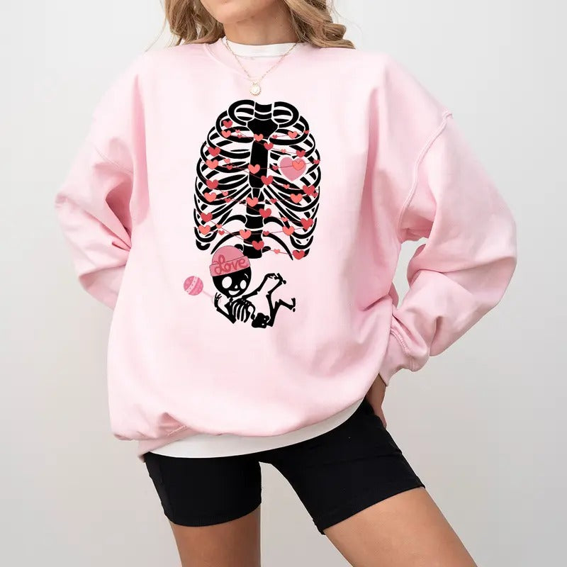 Valentine's Day Pregnancy Announcement Sweatshirt, Skeleton Baby Sweatshirt, Mama est 2024 Maternity Photoshoot Expecting a Little Love Garment-Dyed Sweatshirt