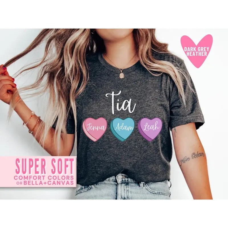 Valentine's Day Tia Shirt Heart Candy with Niece and Nephews Kids Names Personalized Spanish Tia Aunt Pink Trendy Sweatshirts for Valentines