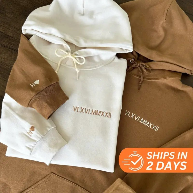 Valentines Gift Custom Embroidered Roman Numeral Hoodie, Couple Shirt Initial On Sleeve, Anniversary Year, Personalized Date Hoodie, Valentine's Day Gift Classic Cotton Fabric Medium Menswear Loose