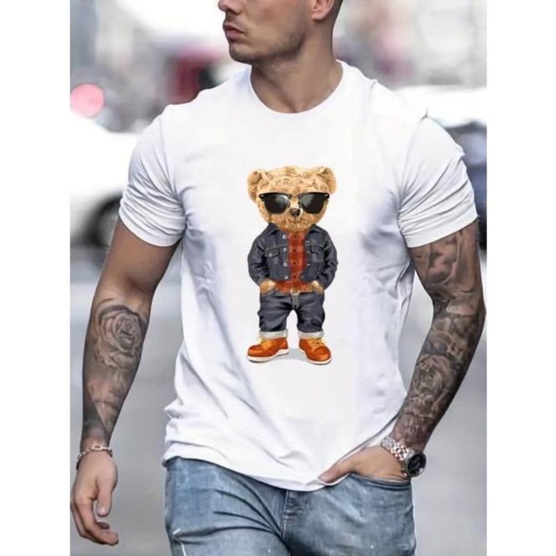 Versatile Cartoon Bear Men's T-Shirt - Easy-Care, Durable, Stretch Fabric Tee, Ideal for All Seasons Made In USA
