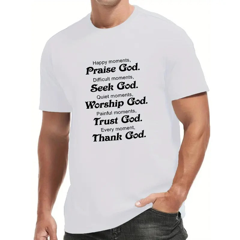 Vibrant Happy Moments Tee - Men's Fashion Round Neck Short Sleeve T-Shirt for Spring Summer Holiday Leisure Vacation - Praise God Print Regular Fit Top Made in USA