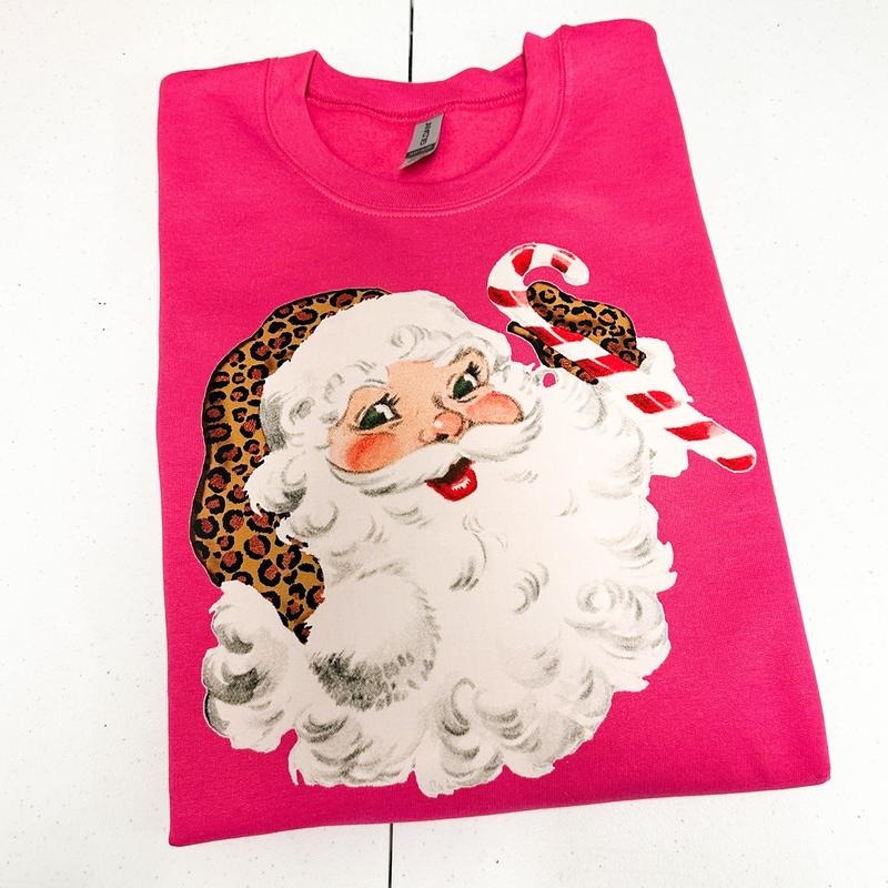 Vintage Cheetah Santa Sweatshirt - - HOT PINK