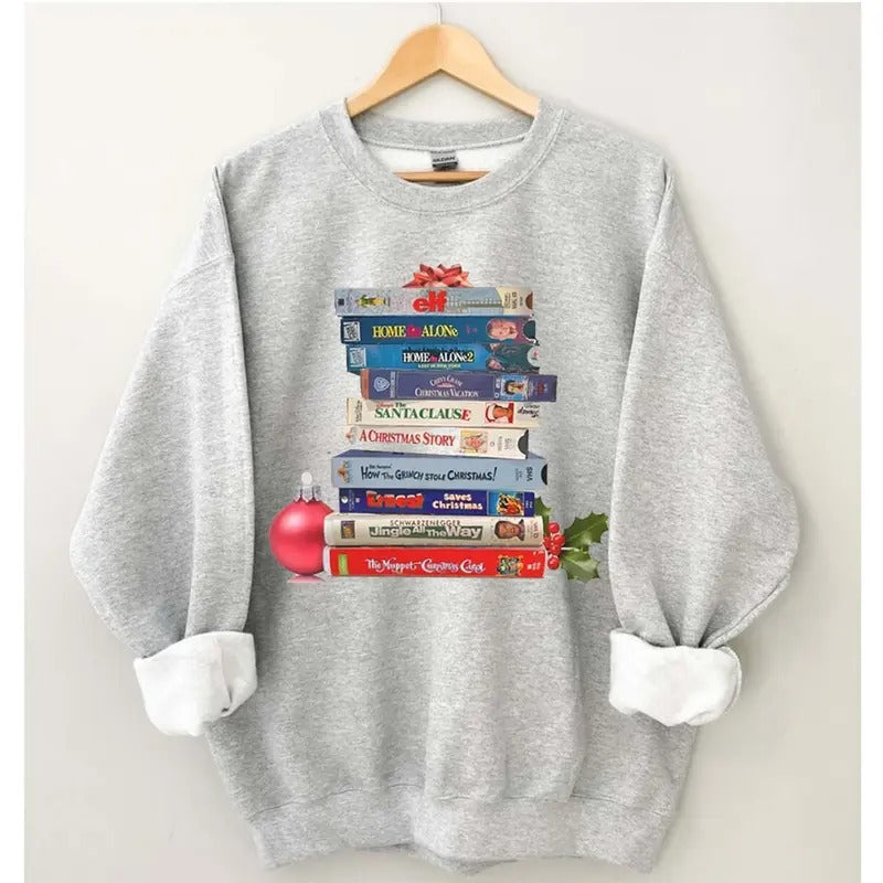 Vintage Christmas Movies Vhs Sweatshirt, Christmas Crewneck, Retro VHS Xmas Tapes Gift For Her, Family Reunion Shirt, 1990s Holiday Sweatshirt Classic Menswear