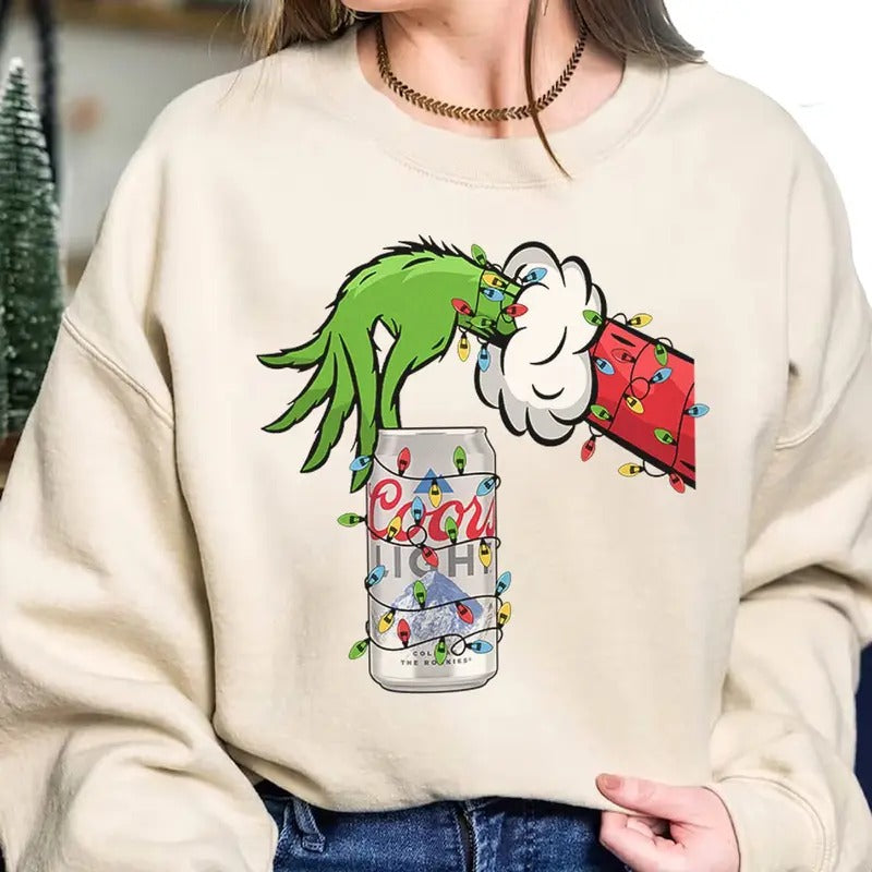 Vintage Christmas Shirt Grnnch Hand Holding Coors Light Funny Christmas Drinking Tshirt