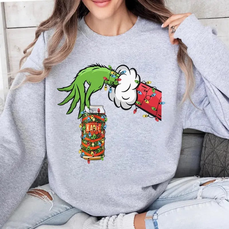 Vintage Christmas Shirt Grnnch Hand Holding Eggnog Beer Funny Christmas Drinking Tshirt