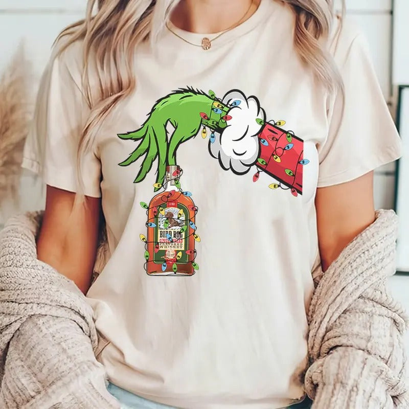 Vintage Christmas Shirt Grnnch Hand Holding Gingerbread whiskey Funny Christmas Drinking Tshirt