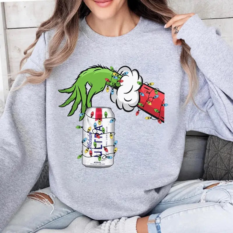 Vintage Christmas Shirt Grnnch Hand Holding Michelob Ultra Funny Christmas Drinking Tshirt