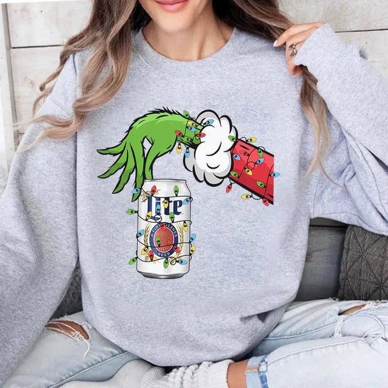 Vintage Christmas Shirt Grnnch Hand Holding Miller Lite Funny Christmas Drinking Tshirt