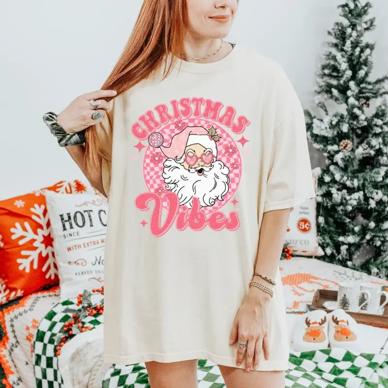 Vintage Christmas Vibes Pink Graphic Tee - Santa Claus - Cute Christmas Gifts - Cozy Season - Women's Top - Womenswear