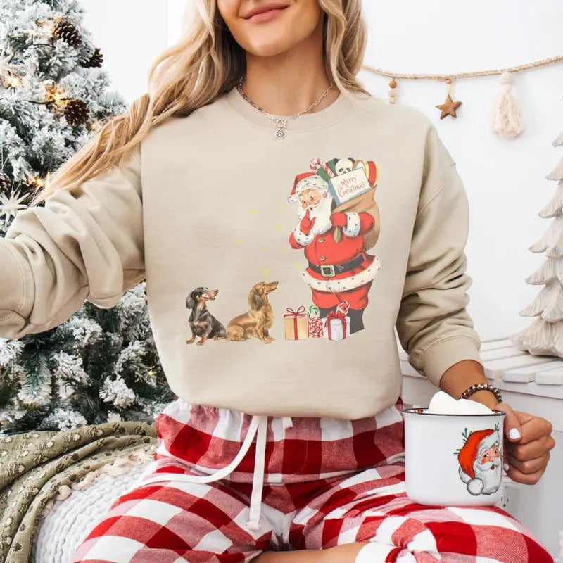 Vintage Dachshund Santa Christmas Sweatshirt, Dachshund Christmas, Dachshund gift for dog mom, Doxie mom, Long haired Dachshund, Doxie tee