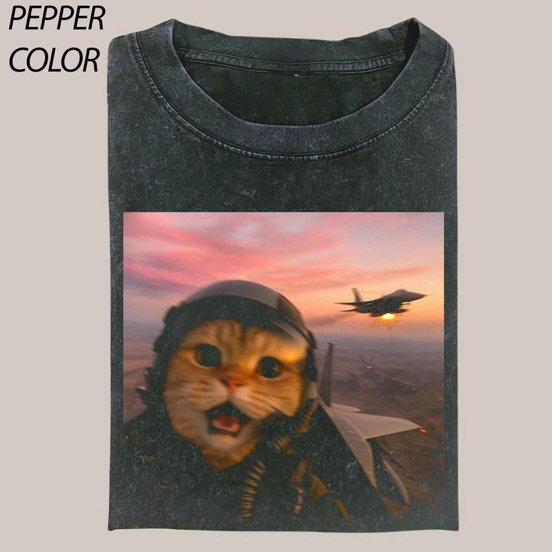Vintage Fighter Pilot Cat - Cat Wars T-shirt, Cat Meme T-Shirt, Funny Cute Cat Shirt, funny shirts for women, Womenswear Cotton Top Streetwear Tshirt