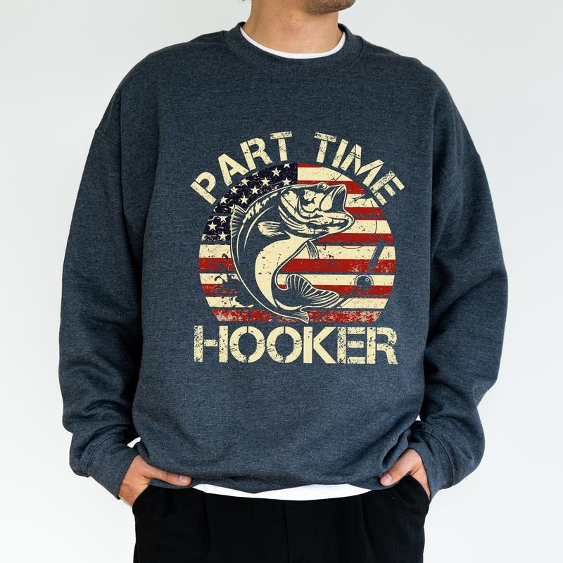 Vintage Funny Fisher Sweatshirt, Funny Part Time Fisher Crewneck, Fishing Dad Long Sleeved Pullover, Fishing Gear Sweater, Gift For Him