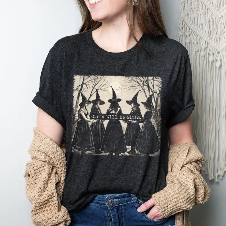 Vintage Girls Will Be Girls Witch T-Shirt, Funny Witch Vintage T-Shirt, Vintage Halloween Women T-Shirt, Witchy Vibes Shirt, Unisex T-Shirt, Gift For All Comfort Cotton