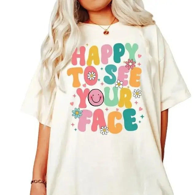 Vintage Happy To See Your Face T-Shirt, Unisex Cotton For Men, Casual Polyeste Crewneck Shortsleeve