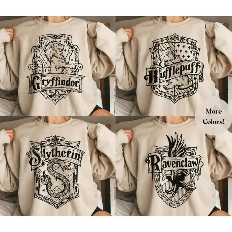 Vintage Hogwarts Houses Animal Sweatshirt, Wizard Student Sweater, Potterhead Gift, Gryffindor, Slytherin, Ravenclaw, Hufflepuff, Magic World Crewneck