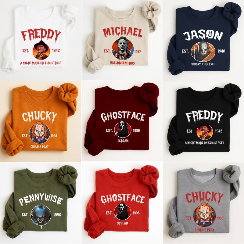 Vintage Horrors Movie Characters Sweatshirt, Halloween Crewneck, Spooky Streetwear, Scary Movie Graphic Pullover, Casual Fall Apparel