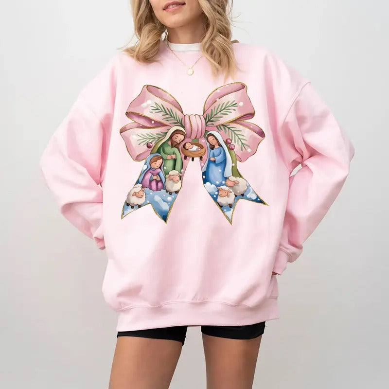 Vintage Jesus Christmas Coquette Bow Sweatshirt, Christian Christmas Sweatshirt, Nativity Scene Shirt, Pink Christmas Coquette Gift, Xmas Gift
