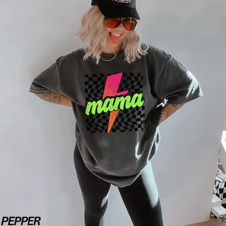 Vintage Neon Mama T-Shirt, Checkered Mama Tee, Lightning Bolt Shirt, Mothers Day Gift