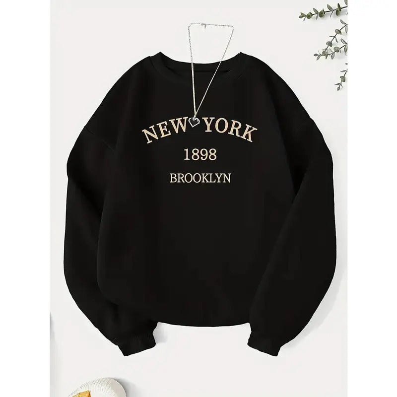 Vintage New York Brooklyn 1898 Graphic Crew Neck Sweatshirt for Women - Polyester Knit Fabric, Long Sleeve, Geometric Pattern, Regular Length FallWinter Pullover