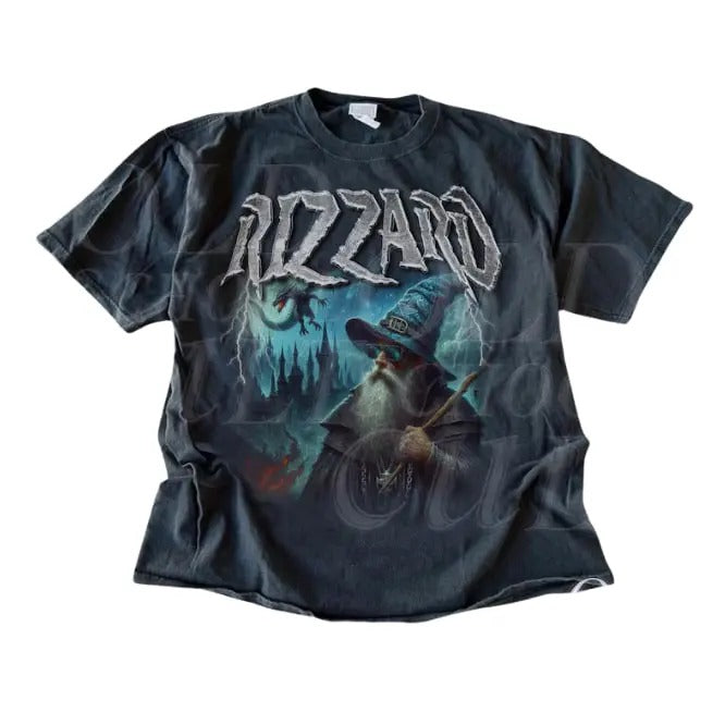 Vintage Rizzard Fantasy Wizard T-Shirt, Retro Wizard Dragon Catstle Shirt, Dark Art Castle Magic Rizz Shirt, Graphic Alpha Wizard Nostalgia Tee Man