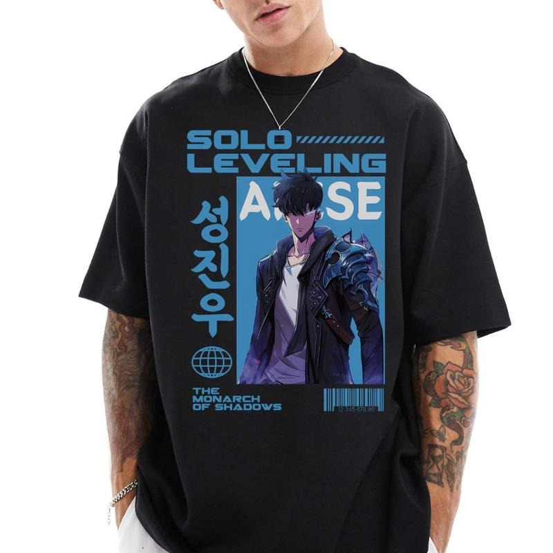 Vintage Solo Leveling Cotton T-shirt, Anime Street Hip-Hop Short Sleeve Pattern Summer Unisex Clothing Menswear Top