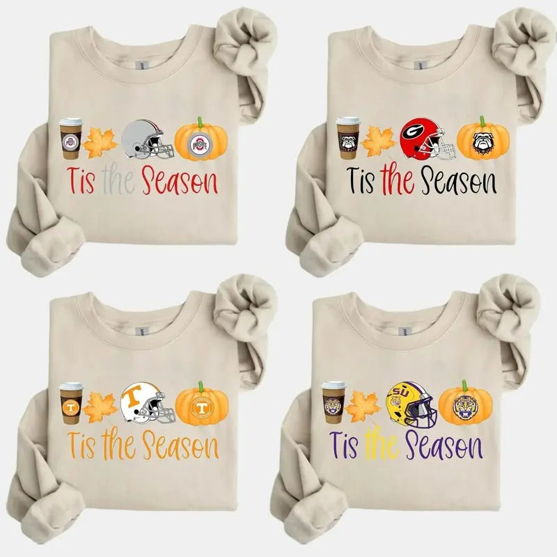 Vintage Tis The Season College All Teams Football NCAA Sweatshirt, All Teams NCAA Halloween Sweatshirt, Sport Halloween Season. Crewneck Classic Sweaters