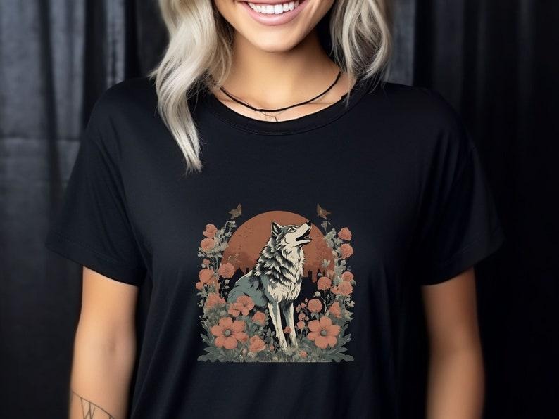 Vintage wolves T Shirt Hoodie Sweater, oversized retro top, flowers nature blossoms howling wolf animal lover gift oversized cotton T-shirt, casual nostalgic