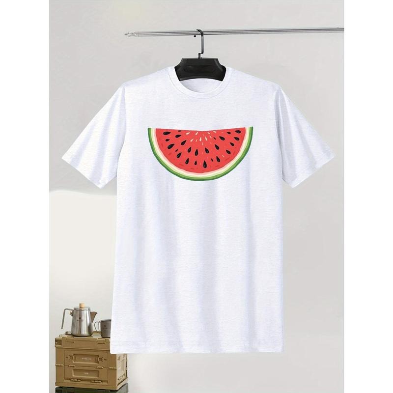 Watermelon Slice Illustration Print Men's Creative Top, Casual Short Sleeve Crew Neck T-shirt, Men's Clothing For Summer Outdoor made in usa
