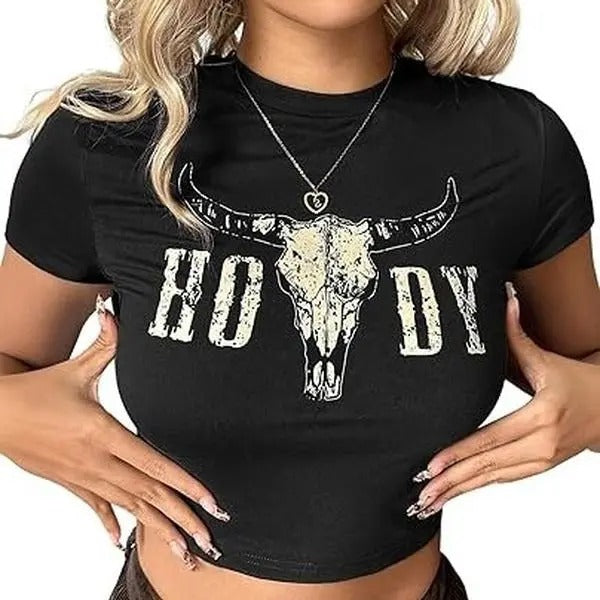 Western Cowgirl Crop Top for Women - Country Concert Cowboy Rodeo Outfit Cow Skull Graphic Tee Collar Fashion