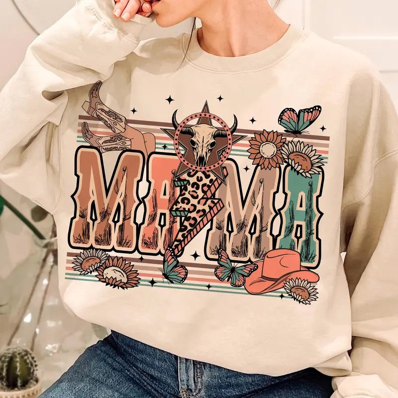 Western Mama Howdy Cowhide Sweatshirt, Western Mom, Coquette Mama, Western Cow Howdy Shirt, Mothers Day Gift, Mama Trendy Tee
