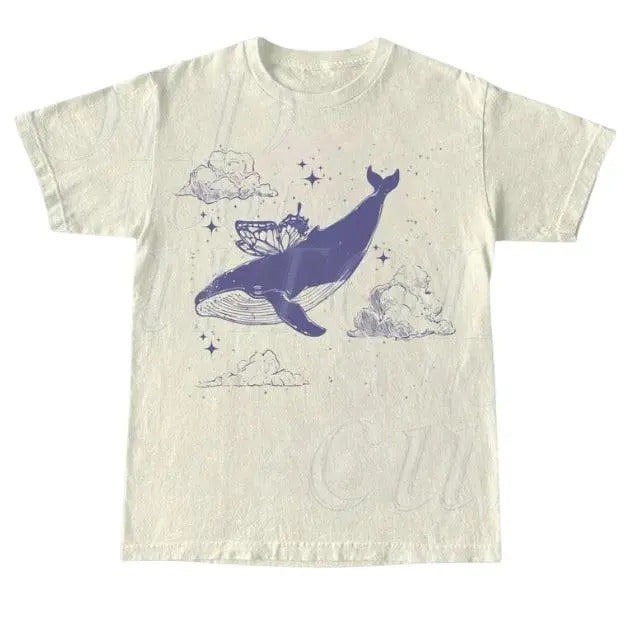 Whale With Butterfly Wings Baby tee, Retro Whale In Sky 90s Crop Top, Ocean Retro Tee, Cute Y2k Gift, Butterfly Sea Animal Graphic Shirt Shortsleeve