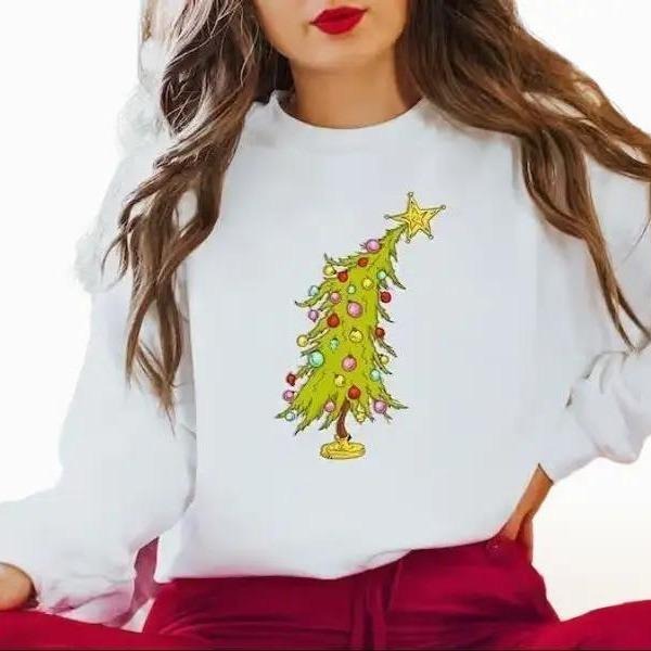 Whimsical Christmas Tree Shirt, Whimsical Grinch Tree, Trendy Whoville Tree Sweatshirt Cotton Fit