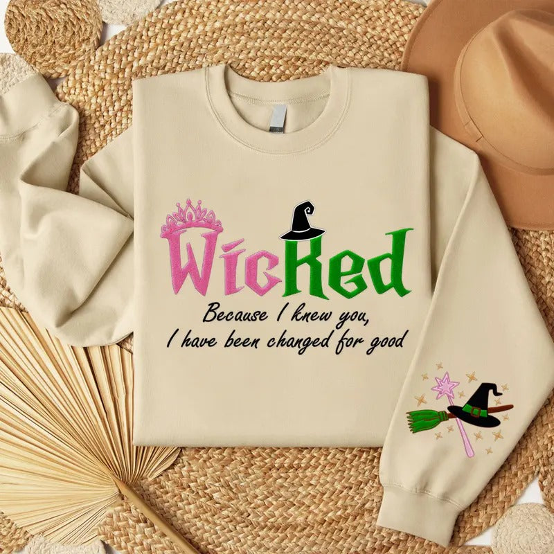 Wicked Defy Gravity Embroidered Sweatshirt, Witch Pink and Green Tshirt, Unisex Wear, Broadway Musical Gift For Her