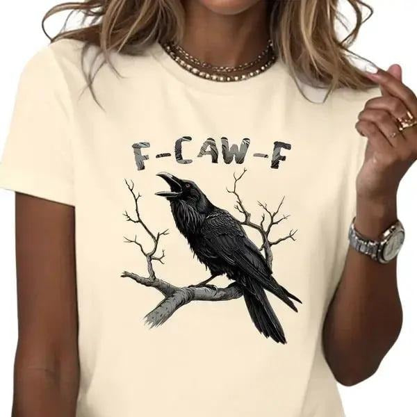Witchy Raven T-Shirt , Bold Crow Perched on Tree with F-CAW-F Dark Humor Text , Edgy and Sarcastic Style , Unisex 1-side Printed Cotton Tee , TikTok Trend Shirt , Altwear Look Comfort Top, Summer, Streetwear Womenswear Tshirt