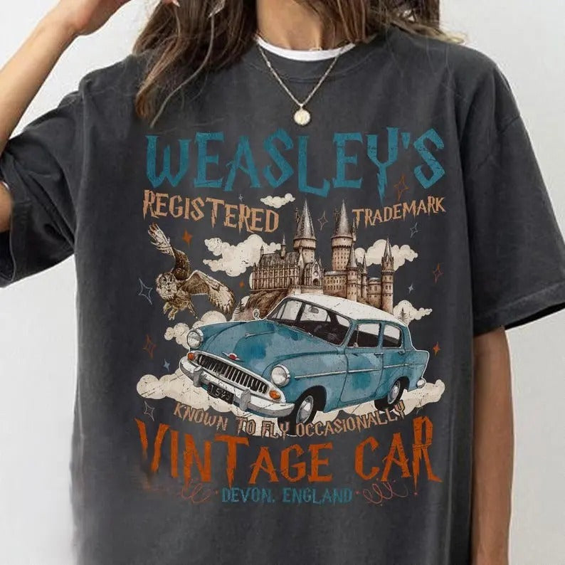 Wizard Flying Car T-Shirt, Vintage Style Weasley Car Tee, Bookish Wizard T-Shirt, Universal Fan T-Shirt, Magical Adventure Apparel, Gift For Fan