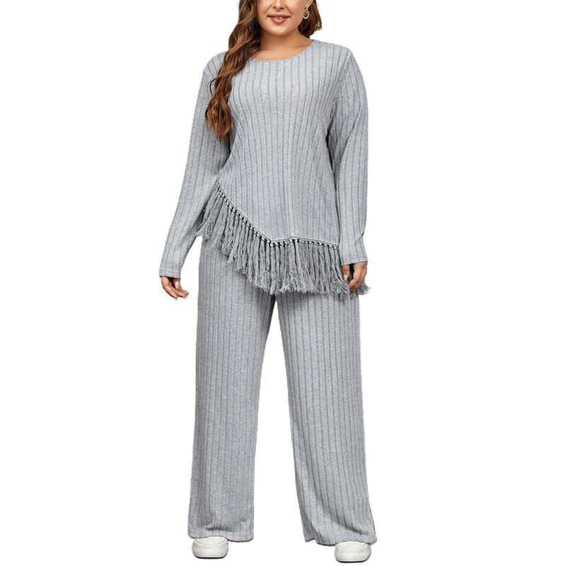 Women 2 Piece Outfits Plus Size Irregular Tassel Long Sleeves Shirt and Elastic Wide Leg Pants Set Streetwear Casual Fashion