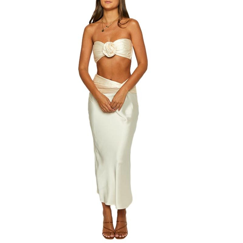 Women 2 Piece Summer Outfits 3D Flowers Ruched Satin Bandeau Tops and Skirt Set for Streetwear Aesthetic Clothes Fashion Short