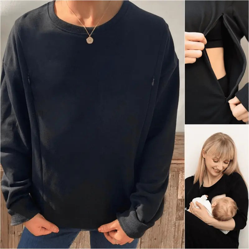 Women Causal Maternity Nursing Sweatshirt Comfort Friendly Zip Breastfeeding Pullover Tops Mama's Boobery Sweater