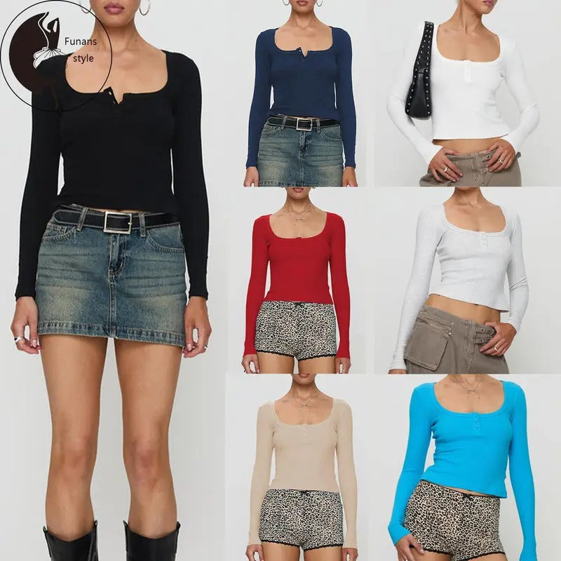 Women Crop Fitted Tops Trendy Solid Color Square Neck Button Long Sleeve Henley Shirt for Club Streetwear