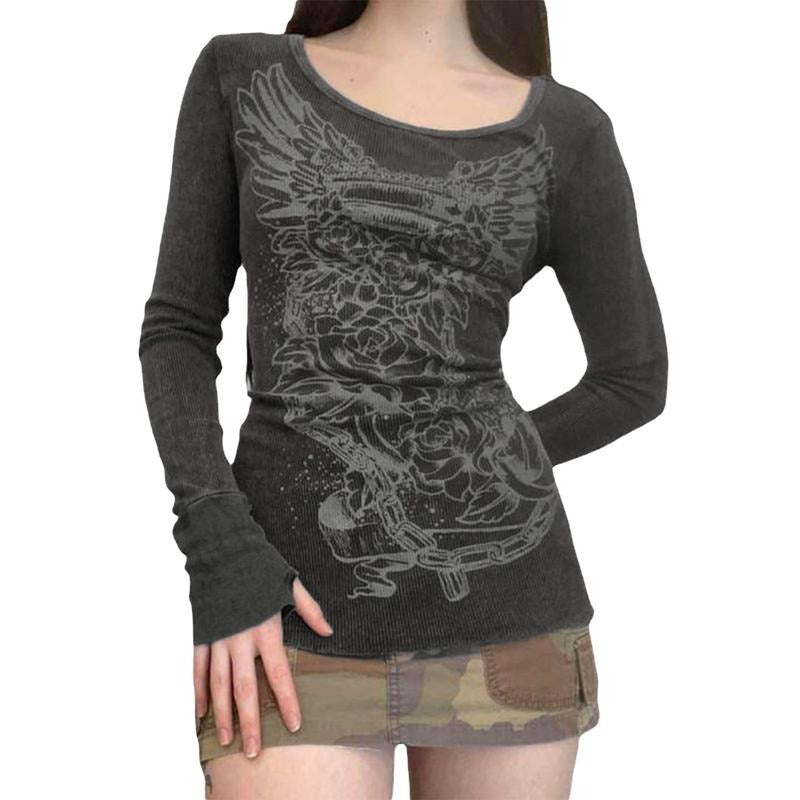 Women T-shirt, Vintage Long Sleeve Crew Neck Flower Print Slim Fit Ladies Tops for Casual Daily Womenswear Light