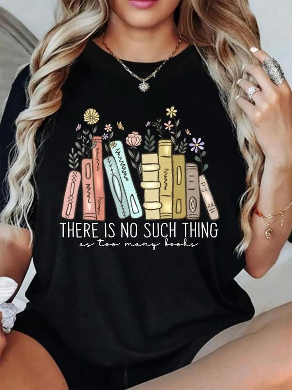 Women's Book & Letter Print Round Neck Graphic Tee, Vintage Trendy Casual Graphic Short Sleeve T-shirt for Daily Wear, Ladies Spring & Fall Outfit