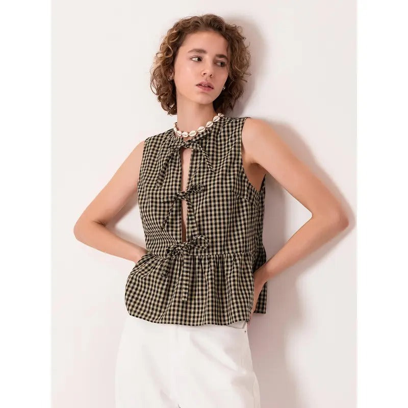 Women's Bow Tie Tank Tops Classic Plaid Print Sleeveless Round Neck Ruffle Vest Summer Shirts Womenswear Basic Chic Tube
