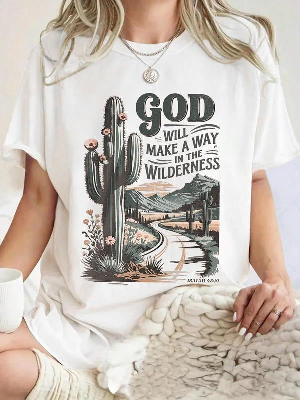 Women's Cactus & Letter Print Round Neck Graphic Tee, Vintage Trendy Casual Short Sleeve T-shirt for Daily Wear, Ladies Summer Outfit, Top