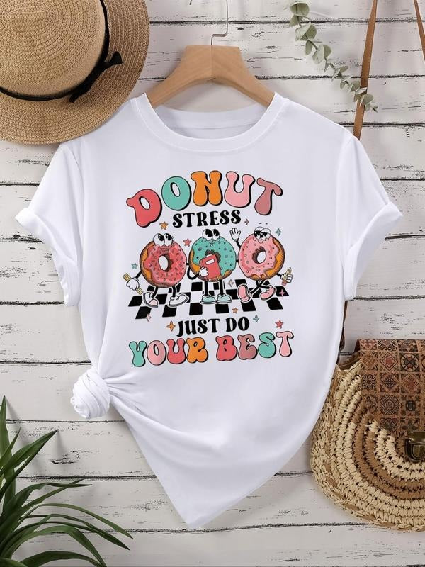 Women's Cartoon Donut Print Vintage Graphic Tee, Casual Trendy Short Sleeve T-shirt For Daily Wear, Ladies All Seasons Outfit