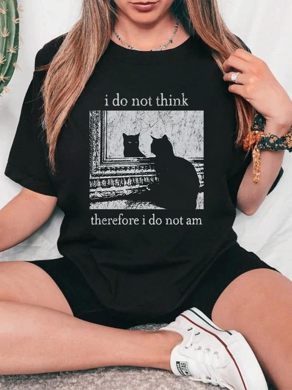 Women's Cat & Letter Print Round Neck Tee, Vintage Trendy Casual Short Sleeve T-shirt for Daily Wear, Ladies All Seasons Clothes